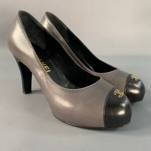 CHANEL Size 6 Grey Black Leather Cap Toe Pumps